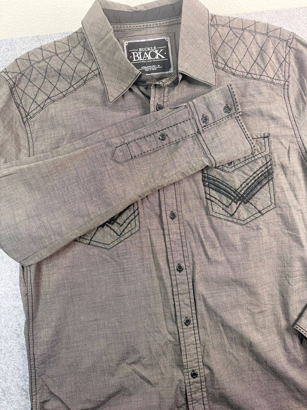 Buckle Black No. 48 Y2K Men's Athletic Fit Gray Snap Button Shirt Size Medium